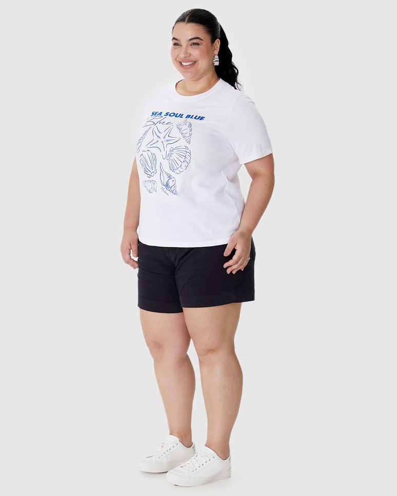 Camiseta Feminina Plus Size Ampla Sea Soul Blue Em Algodão
