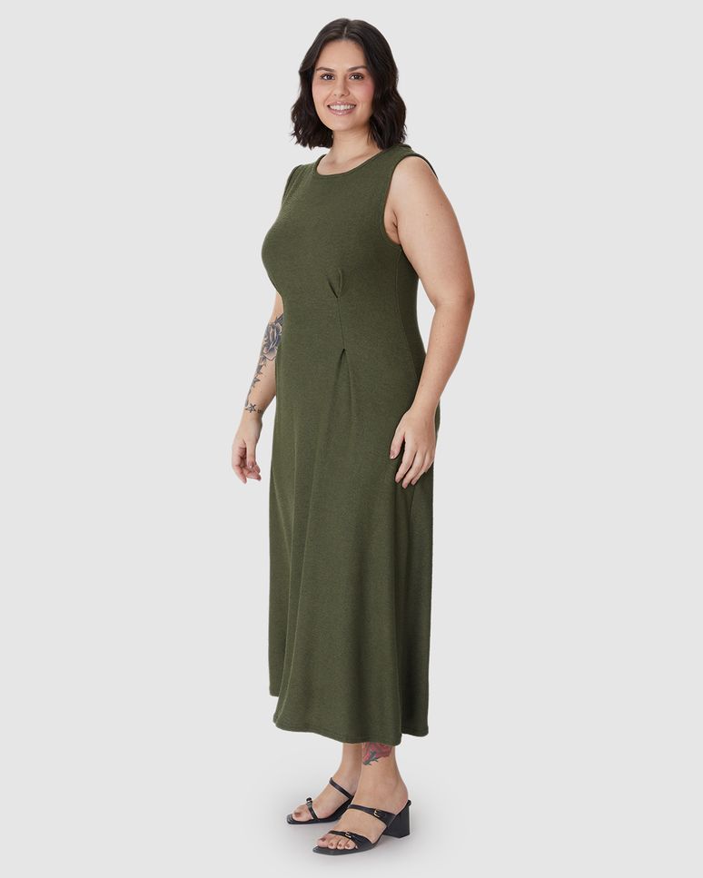 Vestido Midi Feminino Plus Size Acinturado Em Malha Viscose Texturizada