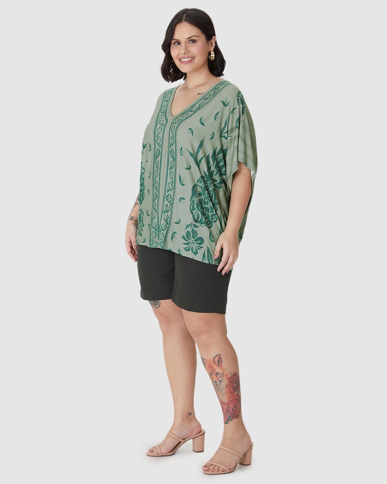 Blusa Feminina Plus Size Ampla Estampada Decote V Em Viscose Stretch