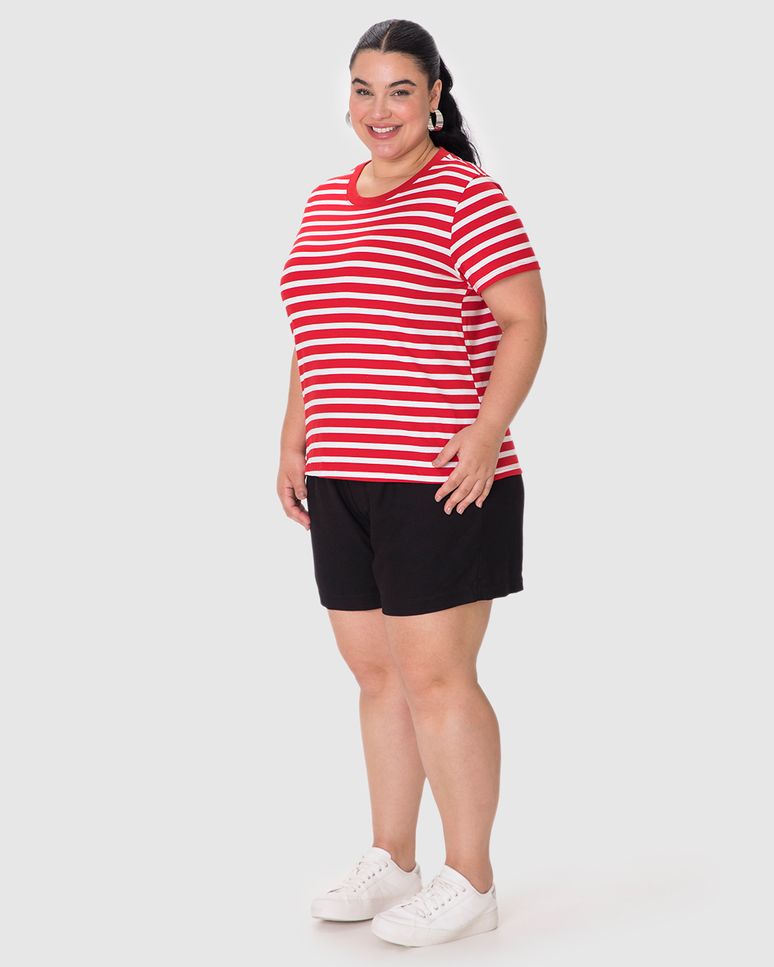 Blusa Feminina Plus Size Decote Redondo Manga Curta Em Malha Listrada