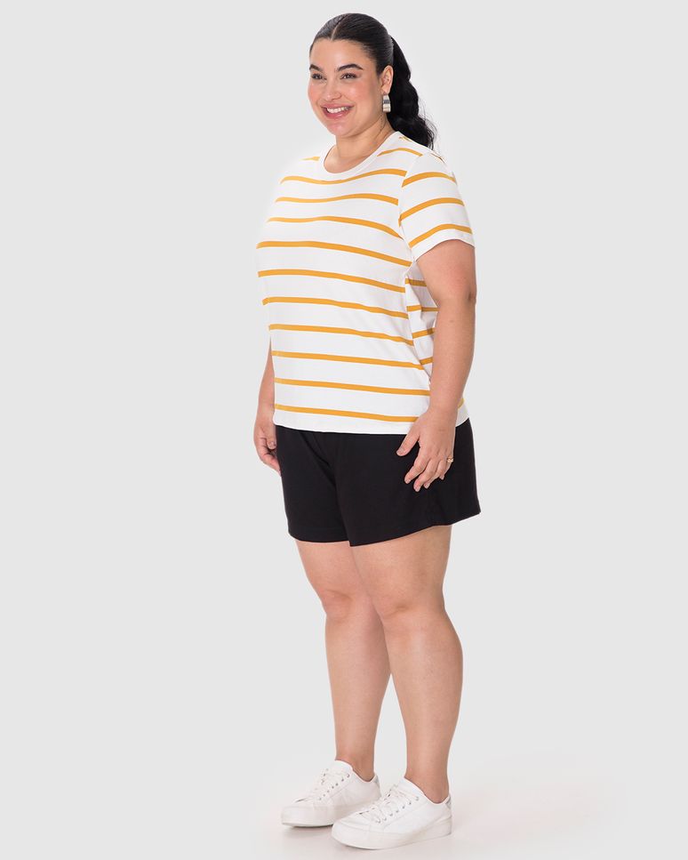 Blusa Feminina Plus Size Decote Redondo Manga Curta Em Malha Listrada