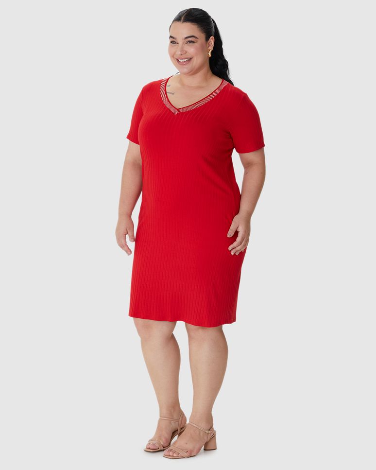 Vestido Feminino Plus Size Reto Decote V Retilínea Em Malha Viscose Canelada