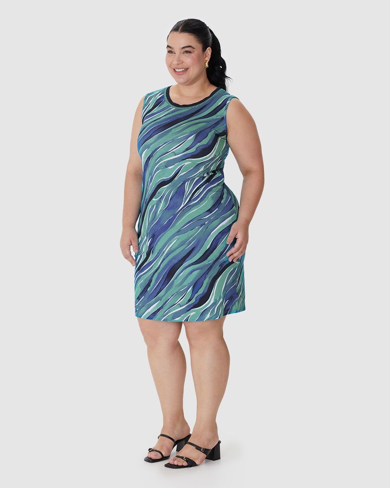 Vestido Feminino Plus Size Reto Decote Redondo Retilínea Em Viscose Stretch