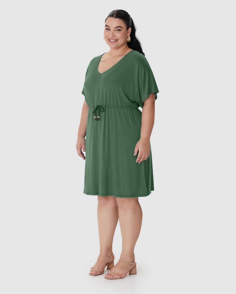 Vestido Feminino Plus Size Cadarço E Amarração Frontal Em Viscose Stretch