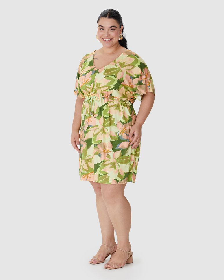Vestido Feminino Plus Size Cadarço E Amarração Frontal Em Viscose Stretch
