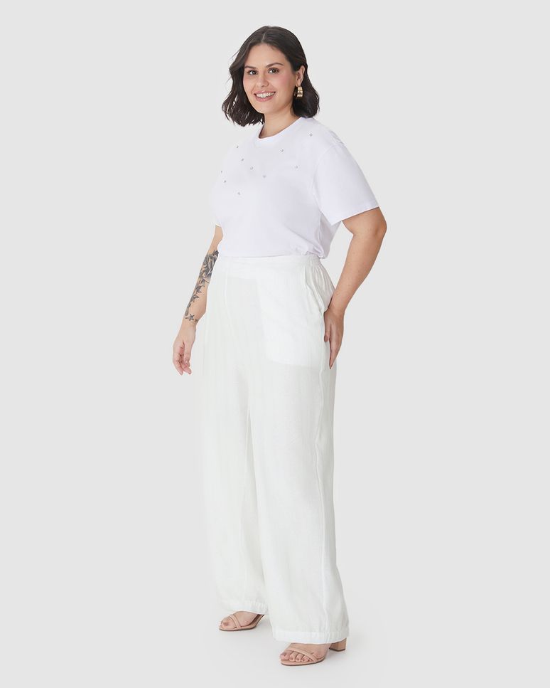 Calça Feminina Plus Size Wide Leg Bolso Faca Em Viscose Lurex