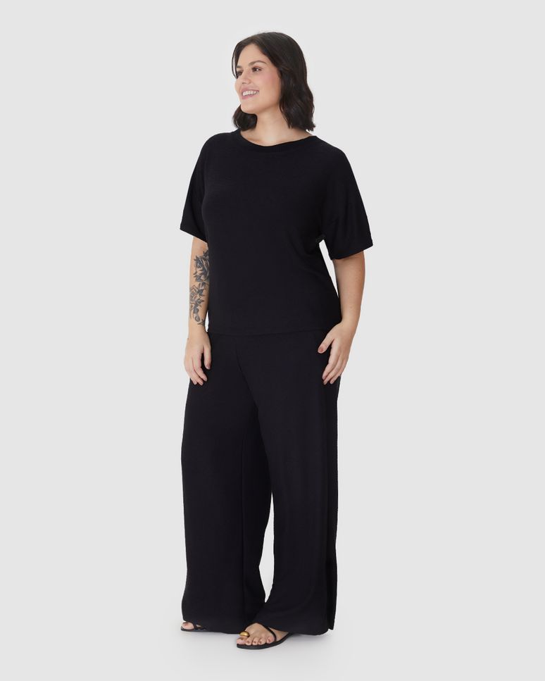 Blusa Feminina Plus Size Mullet Manga Curta Em Malha Viscose Texturizada