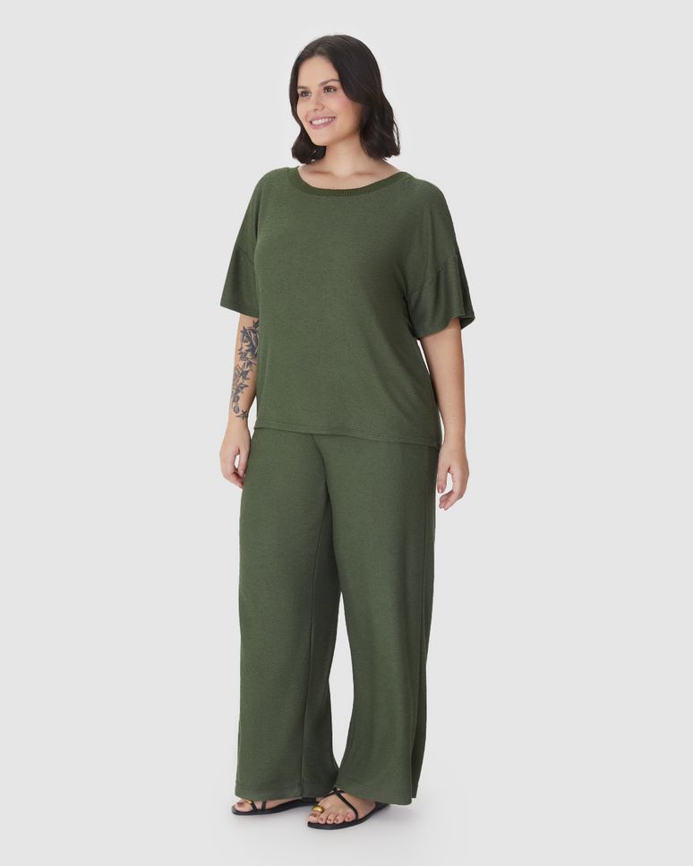 Blusa Feminina Plus Size Mullet Manga Curta Em Malha Viscose Texturizada