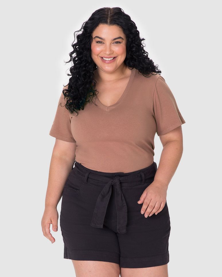 Blusa Básica Feminina Plus Size Ampla Decote V Em Malha Linho