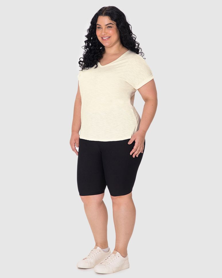 Blusa Feminina Plus Size Mullet Decote V Manga Curta Em Malha Rajada