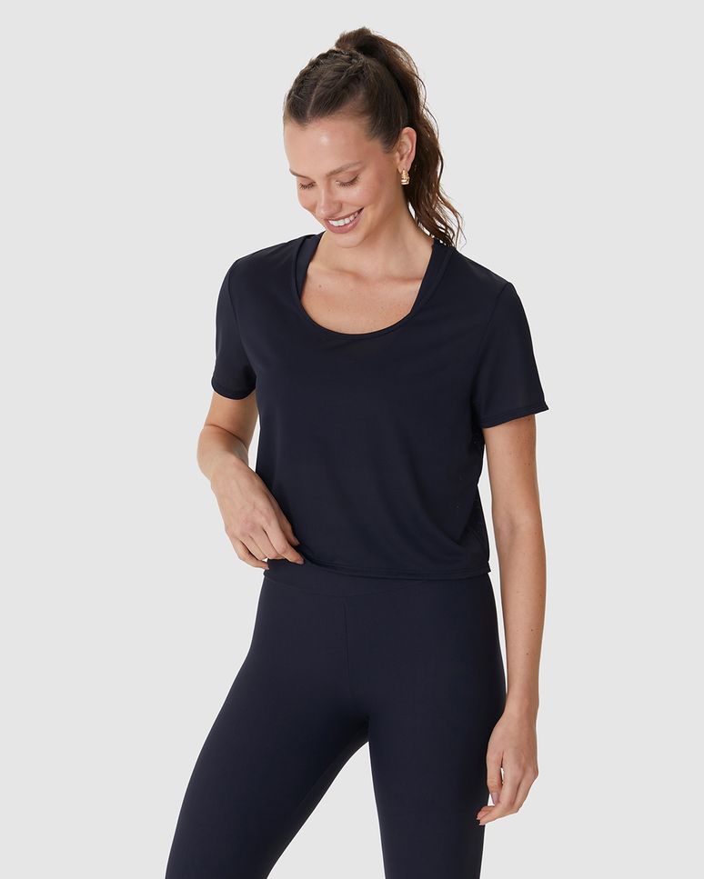 Blusa Esportiva Feminina Cropped Decote Canoa Duas Formas De Uso Em Malha Dry