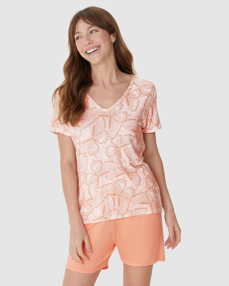 Pijama Curto Feminino Blusa Decote V Estampada Em Viscose Stretch