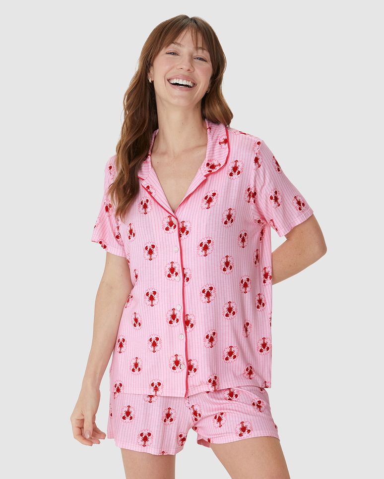 Pijama Curto Feminino Americano Estampa Corrida Digital Em Viscose Stretch