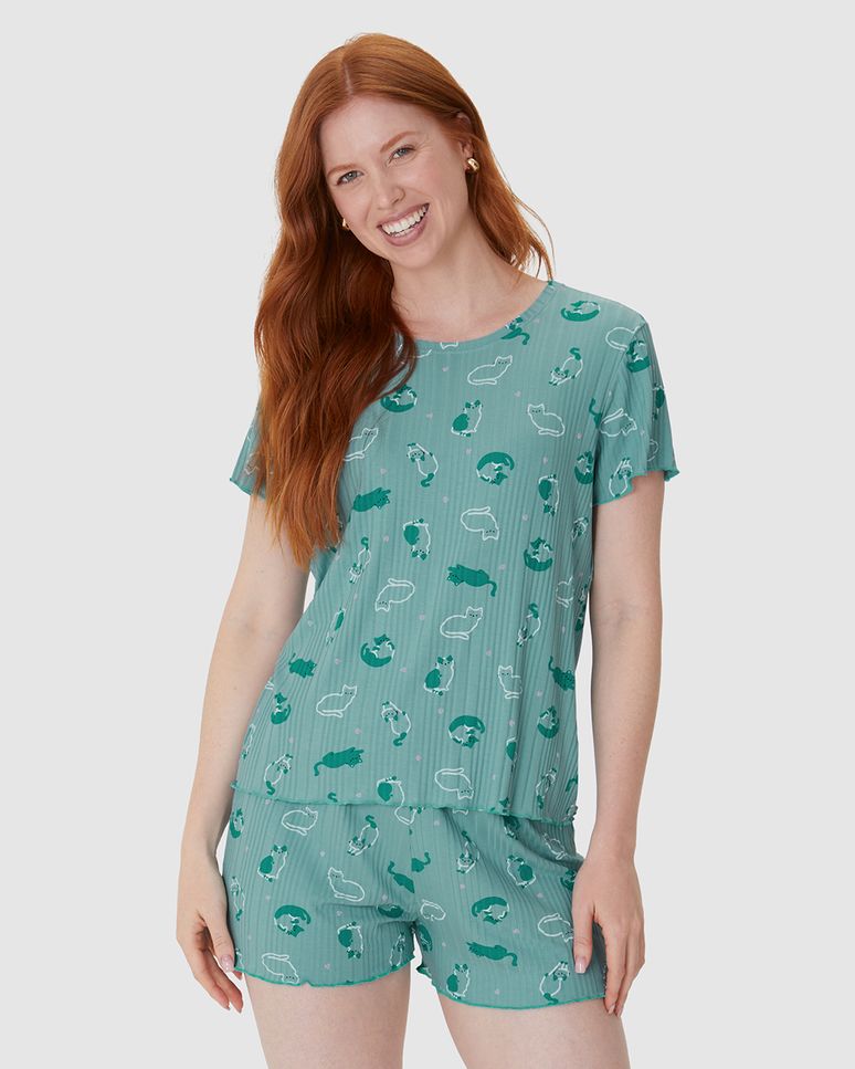 Pijama Curto Feminino Blusa Manga Curta E Shorts Em Malha Viscose Canelada