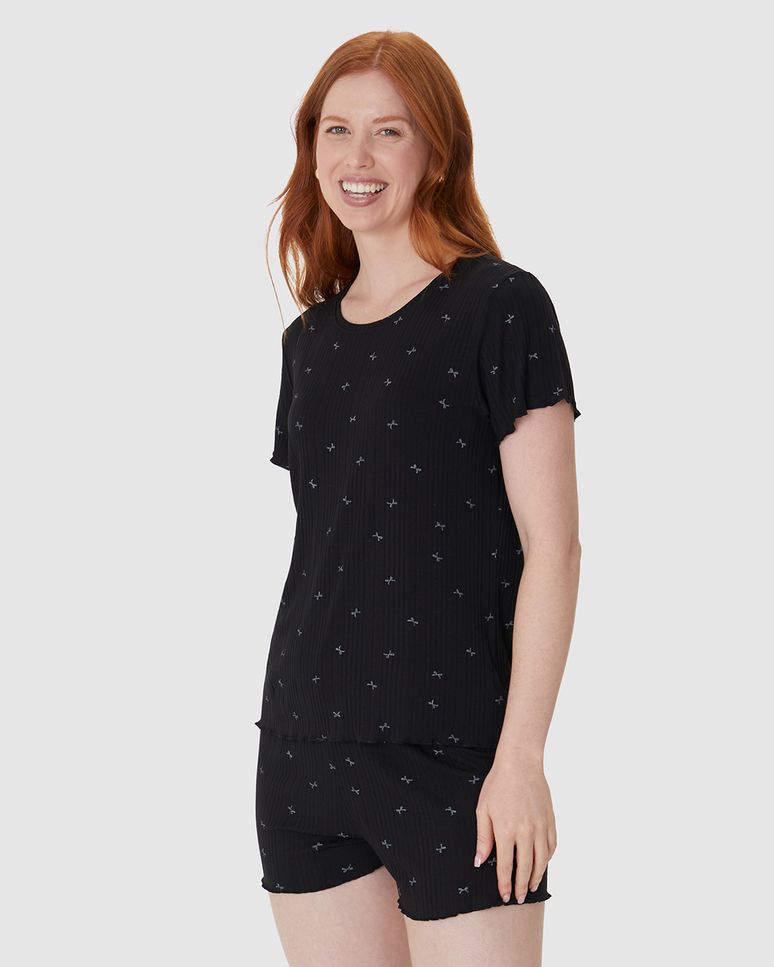 Pijama Curto Feminino Blusa Manga Curta E Shorts Em Malha Viscose Canelada