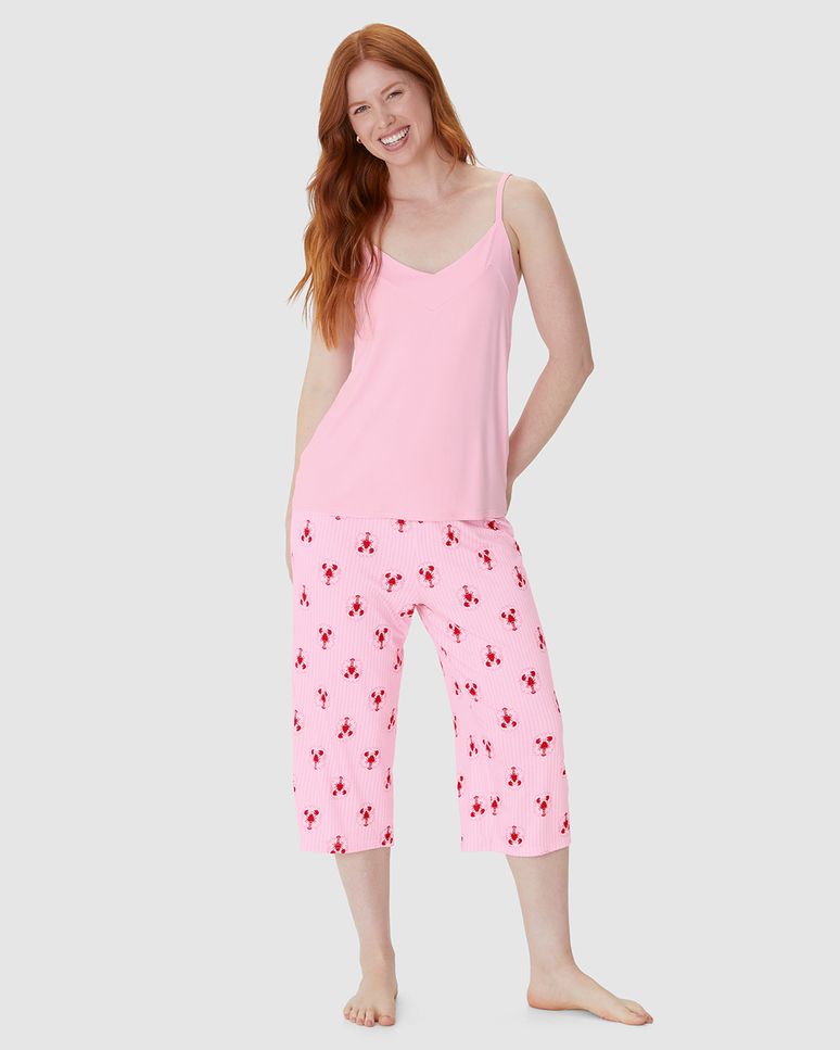 Pijama Longo Feminino Calça Capri Estampada Em Viscose Stretch