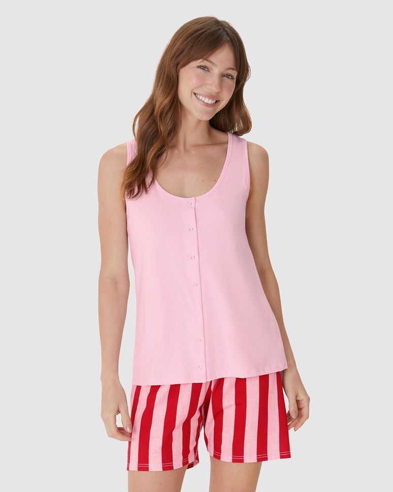 Pijama Curto Feminino Regata Abotoamento Frontal Em Algodão