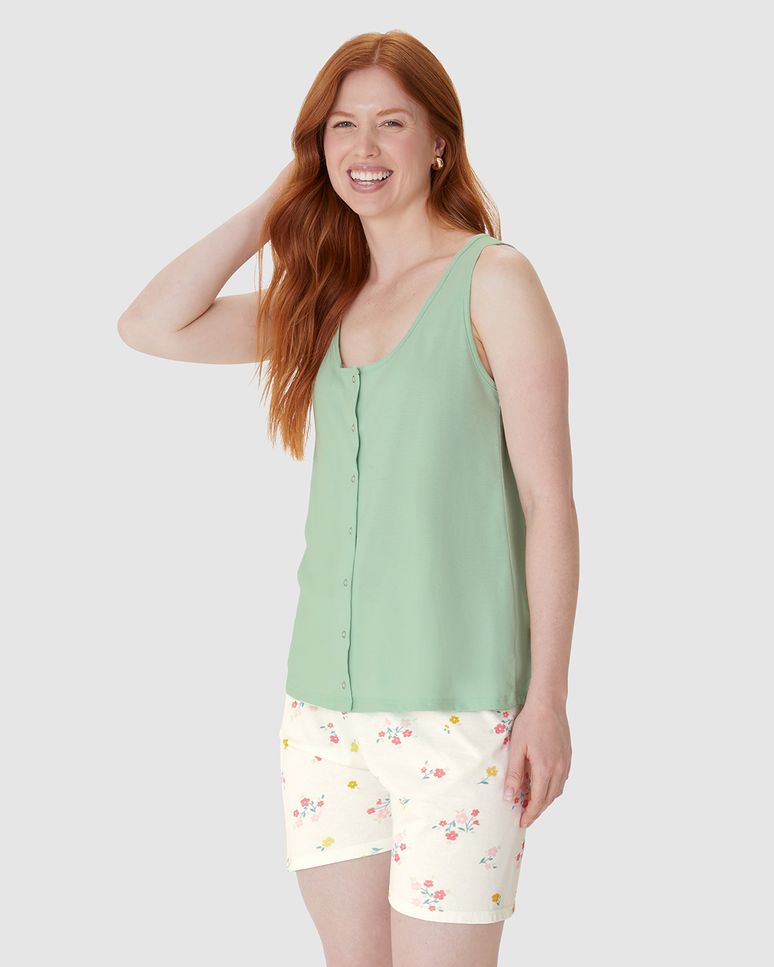 Pijama Curto Feminino Regata Abotoamento Frontal Em Algodão