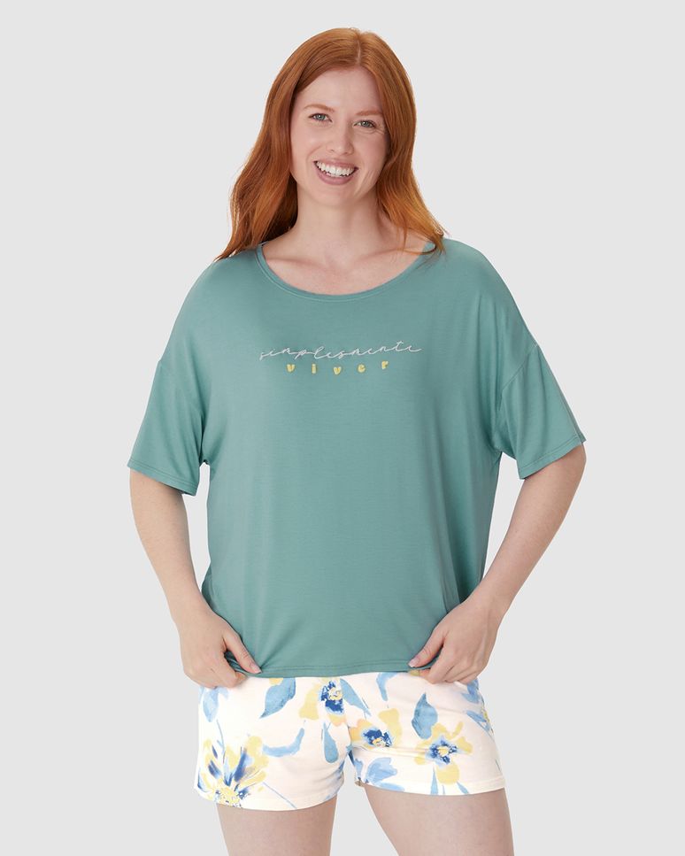 Pijama Curto Feminino Blusa Box Estampa Lettering Em Viscose Stretch