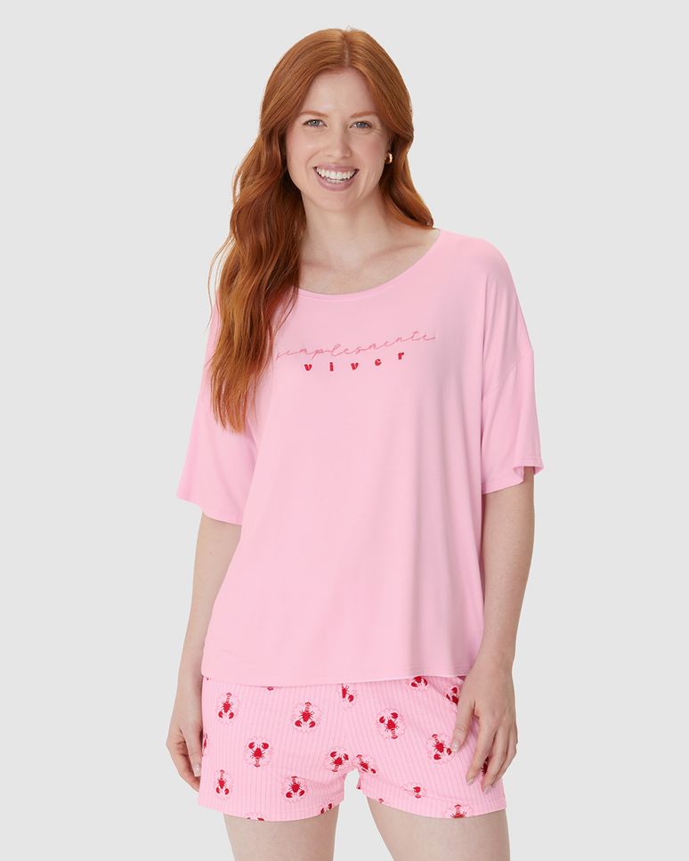 Pijama Curto Feminino Blusa Box Estampa Lettering Em Viscose Stretch