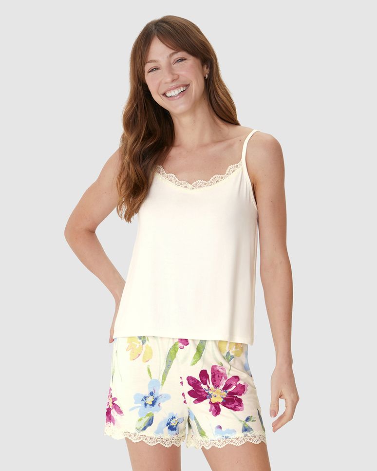 Pijama Curto Feminino Regata Decote V Detalhe Renda Em Viscose Stretch