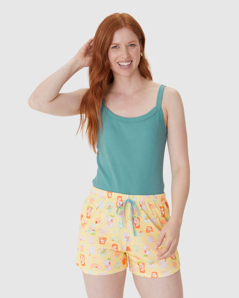Pijama Curto Feminino Regata Ribana E Shorts Estampado Em Algodão
