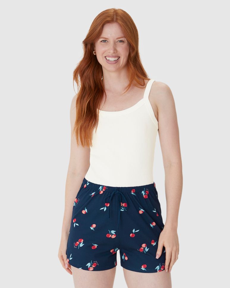Pijama Curto Feminino Regata Ribana E Shorts Estampado Em Algodão