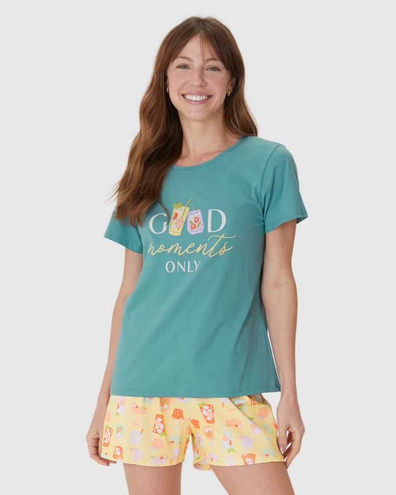 Pijama Curto Feminino Shorts Estampado Em Algodão