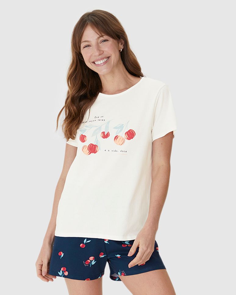 Pijama Curto Feminino Shorts Estampado Em Algodão