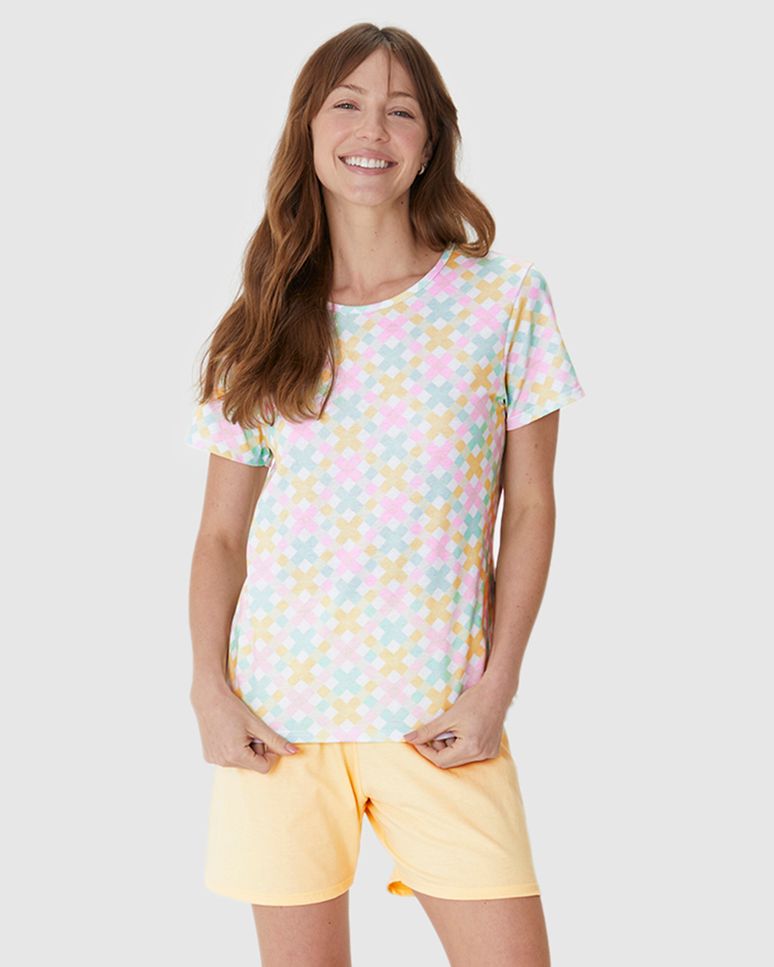 Pijama Curto Feminino Blusa Estampa Digital Em Algodão