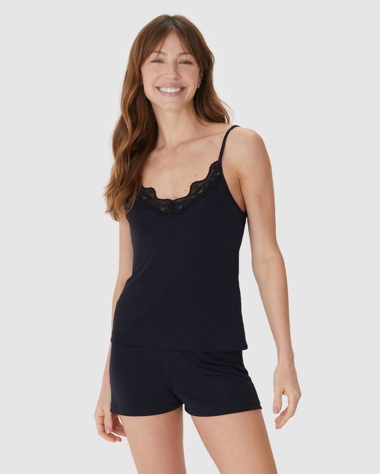 Pijama Curto Feminino Decote V Detalhe Rendado Em Liganete 100% Poliamida