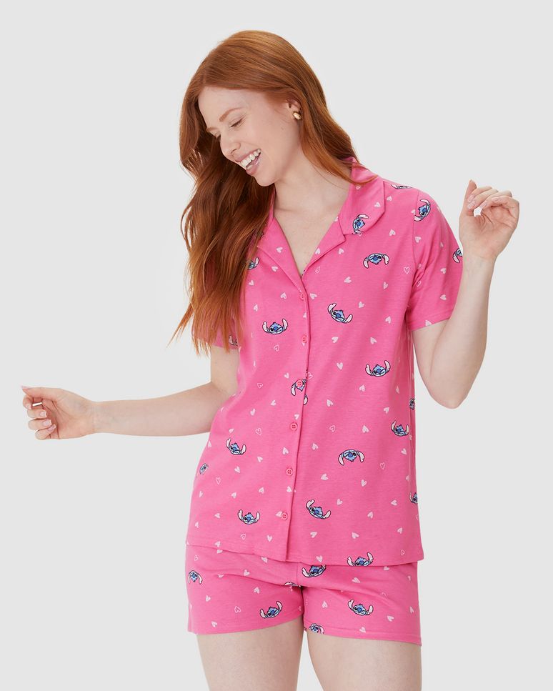Pijama Curto Feminino Americano Stitch Disney Em Algodão