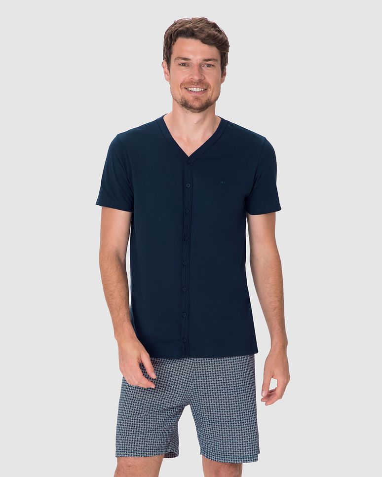 Pijama Curto Masculino Camiseta Manga Curta Botões Frontais Malha Algodão