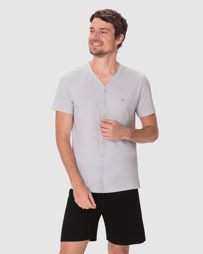 Pijama Curto Masculino Camiseta Manga Curta Botões Frontais Viscose Stretch