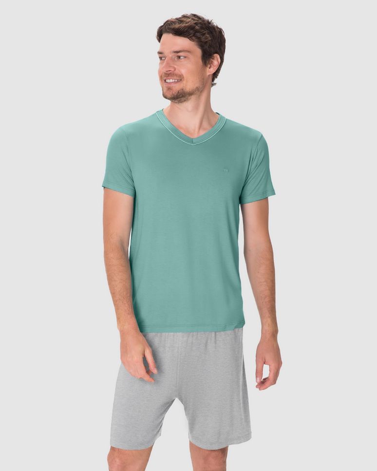 Pijama Curto Masculino Camiseta Decote V Detalhe Costura Em Viscose Stretch