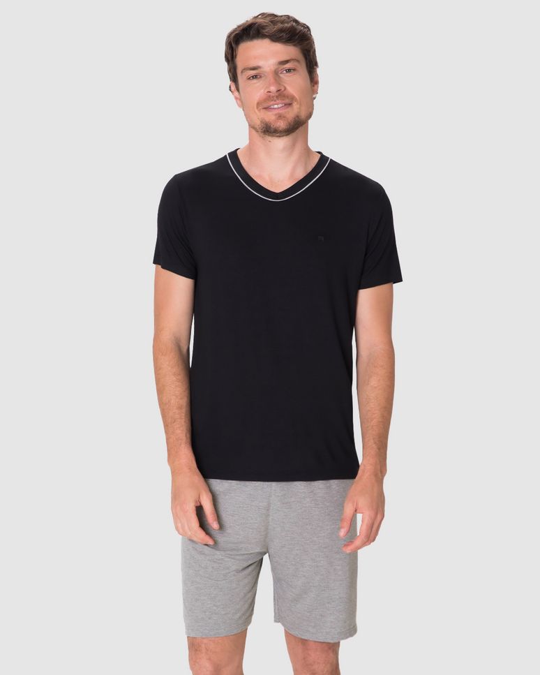 Pijama Curto Masculino Camiseta Decote V Detalhe Costura Em Viscose Stretch