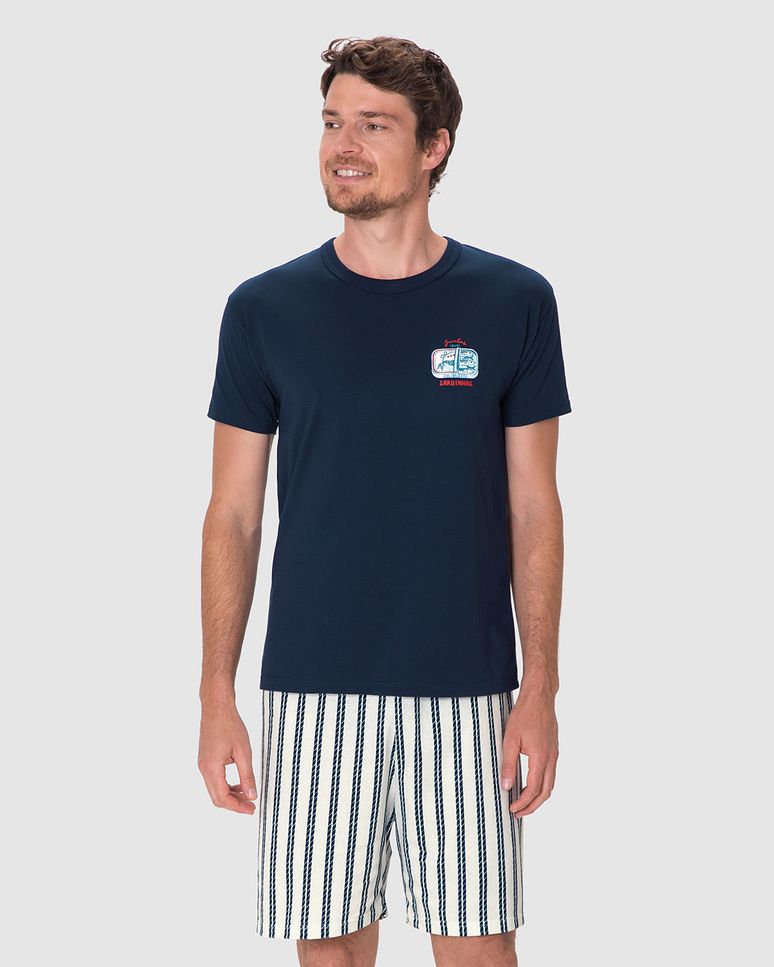 Pijama Curto Masculino Estampa Sardinhas Em Algodão