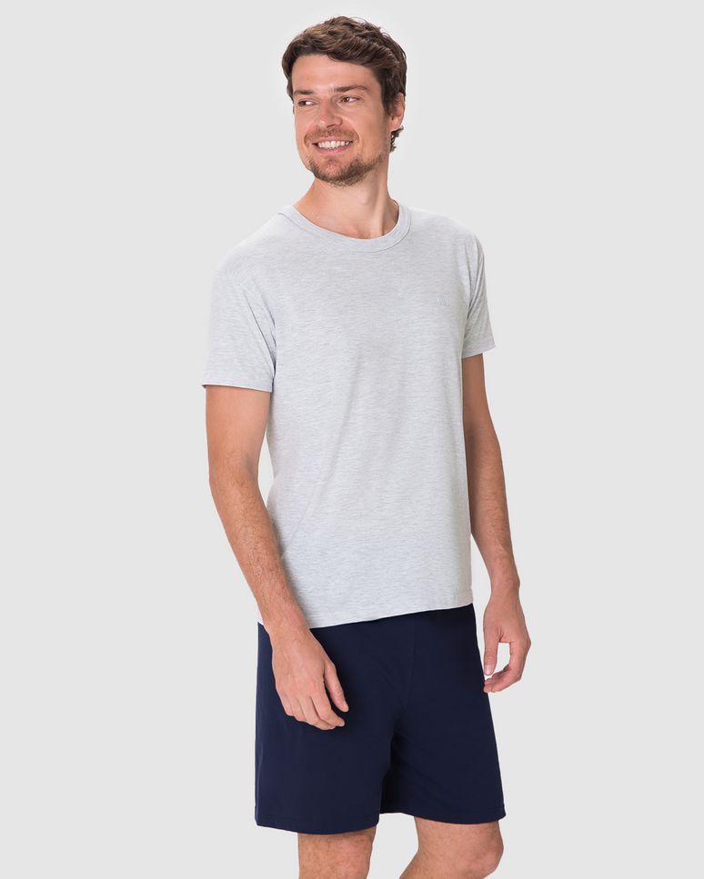 Pijama Curto Masculino Camiseta Bordado Discreto Em Algodão
