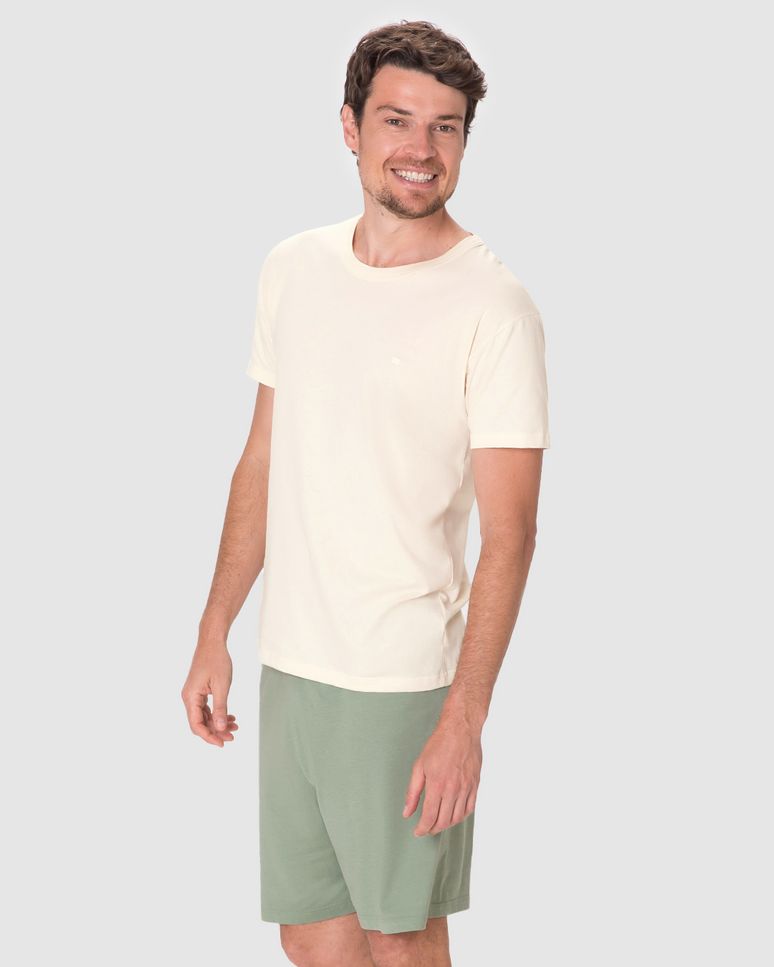 Pijama Curto Masculino Camiseta Bordado Discreto Em Algodão