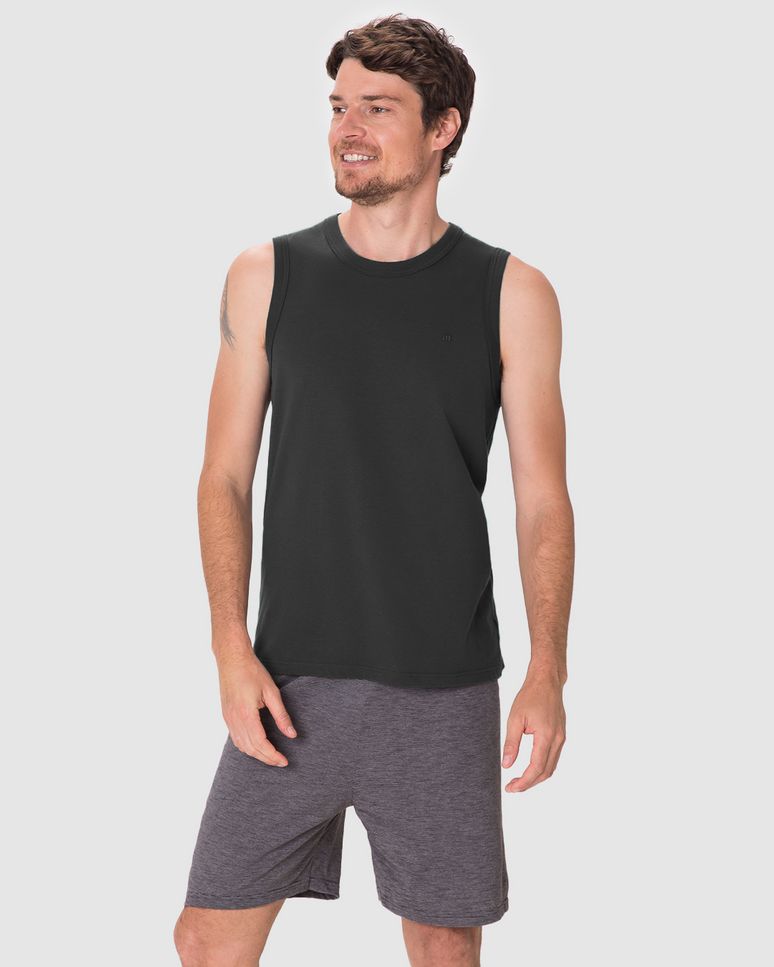 Pijama Curto Masculino Regata Decote Redondo E Shorts Em Malha Fio A Fio