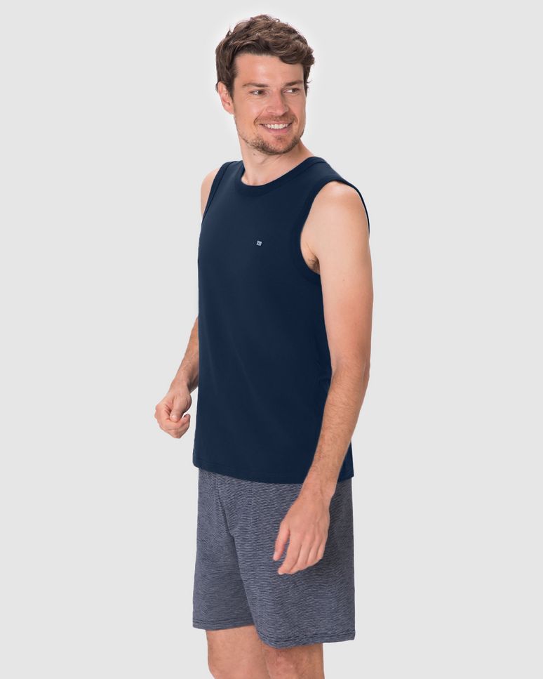 Pijama Curto Masculino Regata Decote Redondo E Shorts Em Malha Fio A Fio