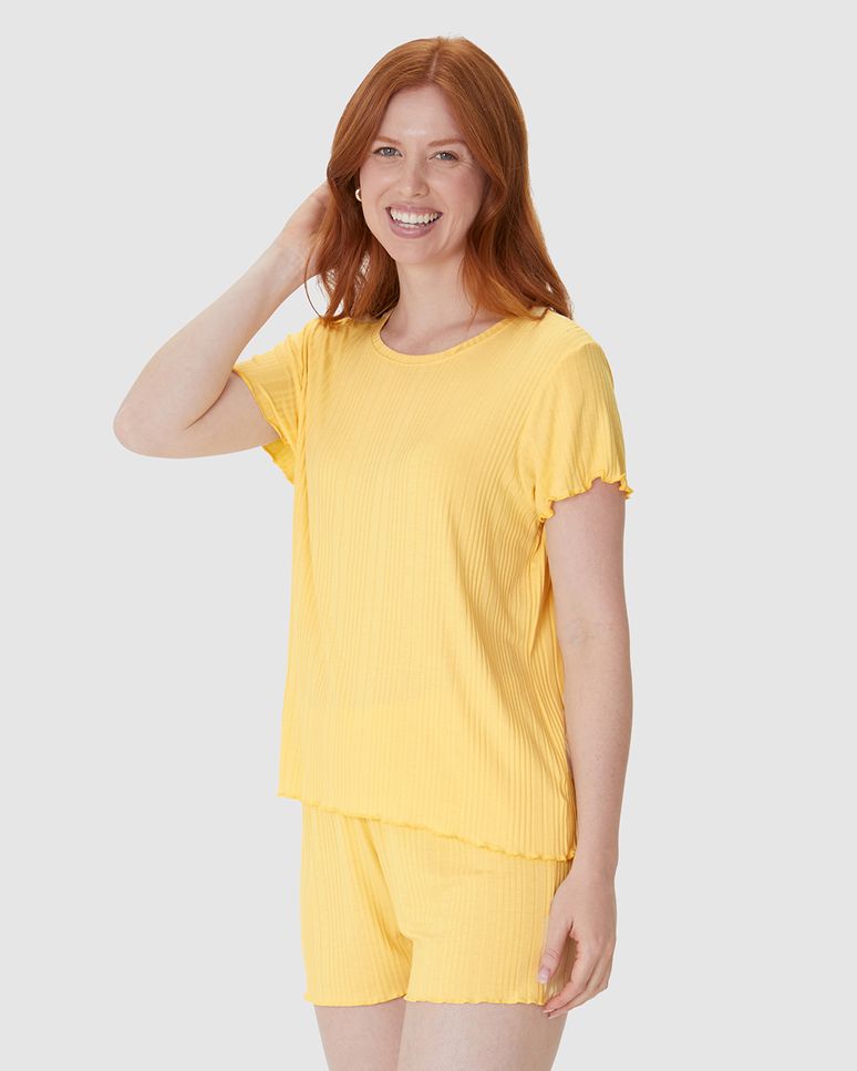 Pijama Curto Feminino Blusa Manga Curta E Shorts Em Malha Viscose Canelada