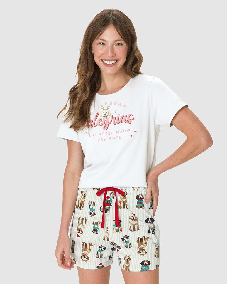 Pijama Curto Feminino Celebrar Alegrias Em Algodão