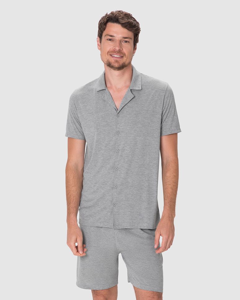 Pijama Curto Masculino Camisa Abotoamento Frontal Em Viscose Stretch