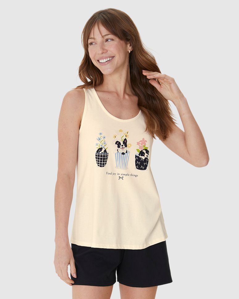 Pijama Curto Feminino Regata Estampa Frontal Em Algodão