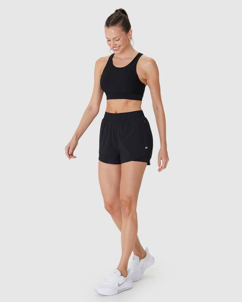 Shorts Esportivo Feminino Duplo Bolso Fecho Zíper Em Tafetá Com Elastano