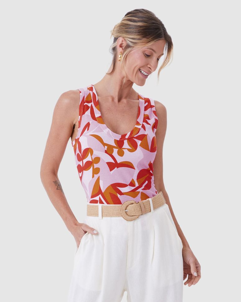 Regata Feminina Folhagem Decote V Alça Larga Em Malha Viscose Canelada