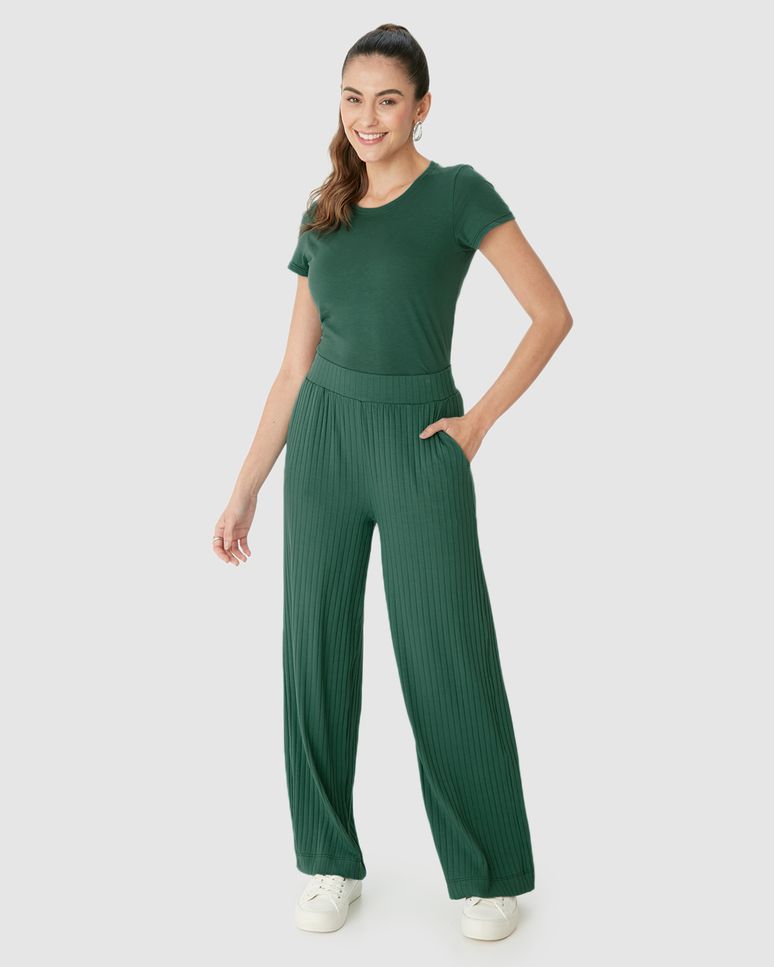 Calça Wide Leg Feminina Cintura Alta Em Malha Canelada De Viscose