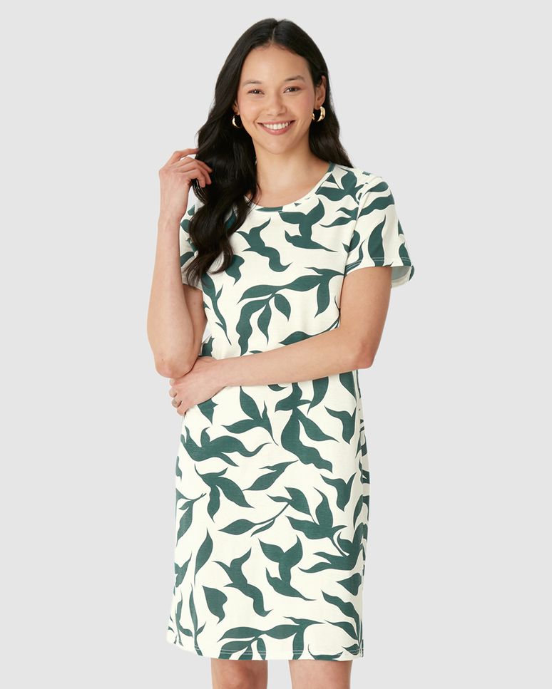 Vestido Feminino Estampado Com Decote Redondo Em Algodão
