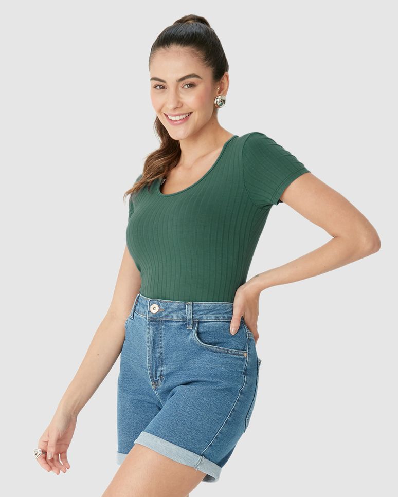 Blusa Básica Feminina Manga Curta Em Canelado De Viscose
